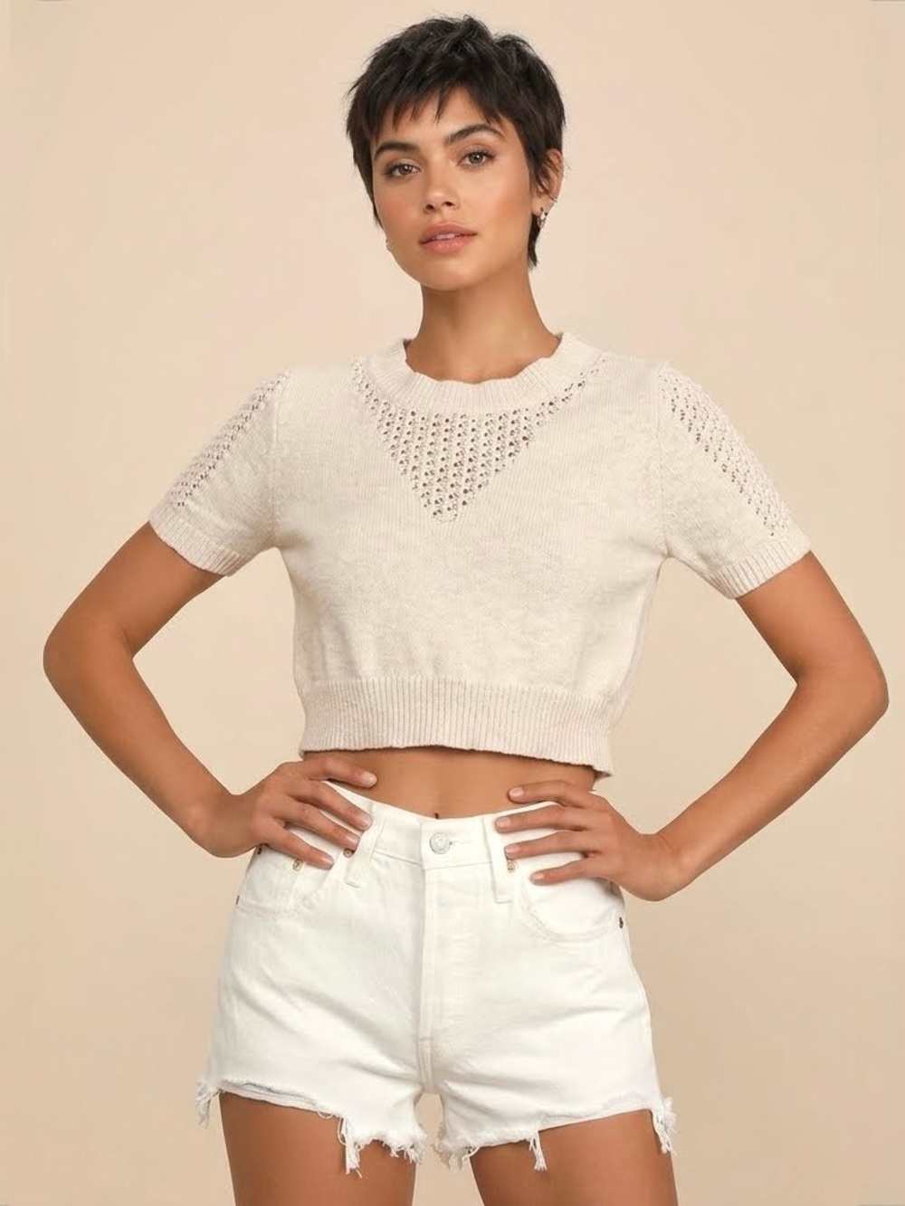 Lulus It's Warming Up Knit Short Sleeve Cropped Sweater Top, Cream Beige, Size S